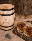 Personalised Wooden Barrel Whiskey Box, 2 Prism Glasses, 6 Ice Stones | Custom Engraved Barware Set, Dad, Groomsmen, Retirement, Xmas Gift