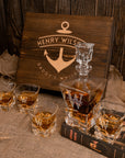 Personalised Wooden Box Square Cut Whiskey Decanter Set, 4 Scotch Glasses, 8 Ice Stones & Tongs | Custom Engraved Groomsmen Wedding Bar Gift