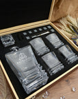 Personalised Wooden Boxed Prism Whiskey Decanter Set, 4 Glasses, 8 Ice Stones & Tongs | Custom Engraved Groomsmen, Wedding, Whisky Bar Gift