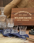 Personalised Wooden Boxed Prism Whiskey Decanter Set, 4 Glasses, 8 Ice Stones & Tongs | Custom Engraved Groomsmen, Wedding, Whisky Bar Gift