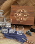 Personalised Wooden Boxed Star Base Whiskey Decanter Set, 4 Glasses, 8 Ice Stones & Tongs | Custom Engraved Logo Groomsmen Wedding Bar Gift