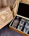 Personalised Wooden Boxed Whiskey Decanter Set, 4 Scotch Glasses, 6 Ice Stones & Tongs | Custom Engraved Groomsmen, Wedding, Whisky Bar Gift