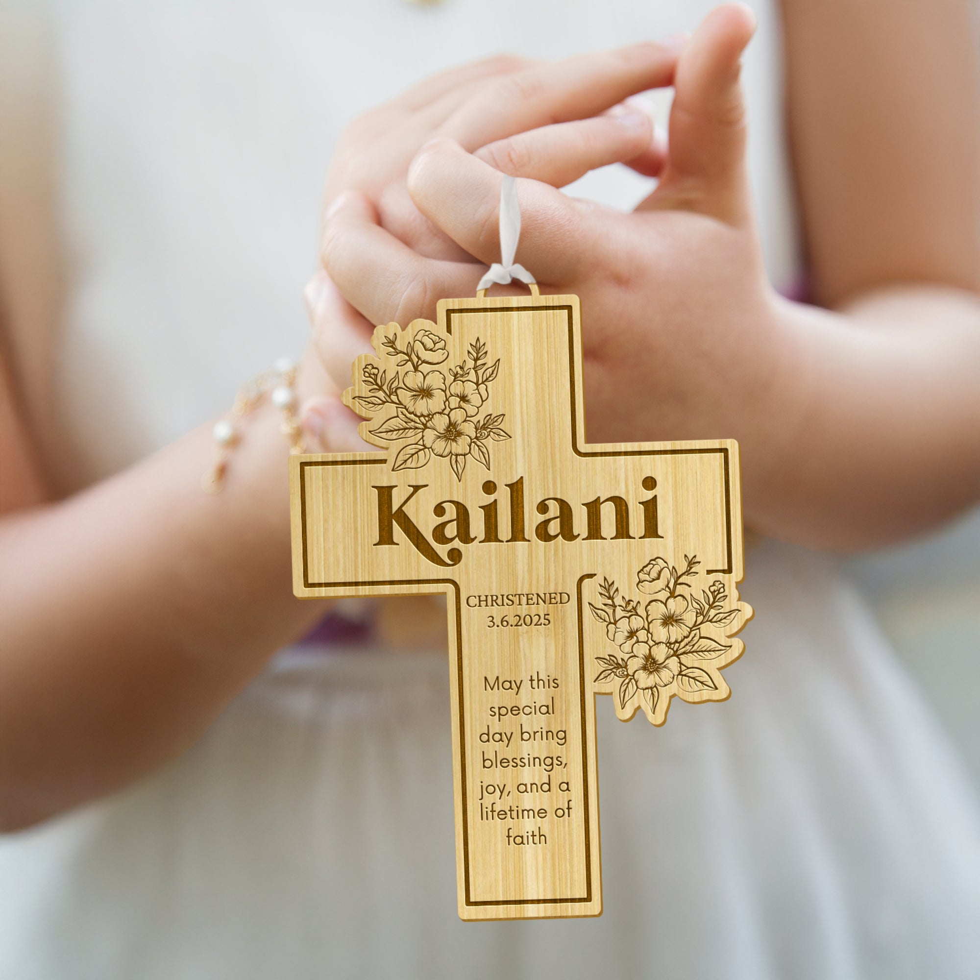 Personalised Wooden Floral Christening Cross, Custom Engraved Religious Name Sign, Baptism Decor, First Birthday, Wedding, Newborn Baby Gift