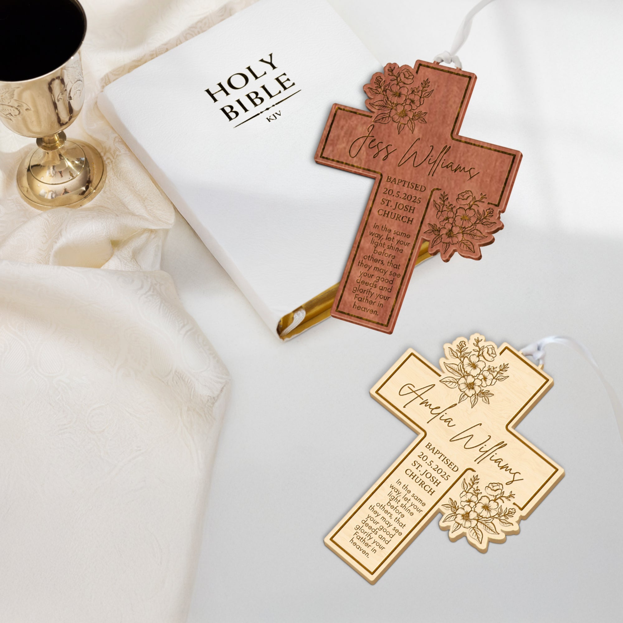 Personalised Wooden Floral Christening Cross, Custom Engraved Religious Name Sign, Baptism Decor, First Birthday, Wedding, Newborn Baby Gift