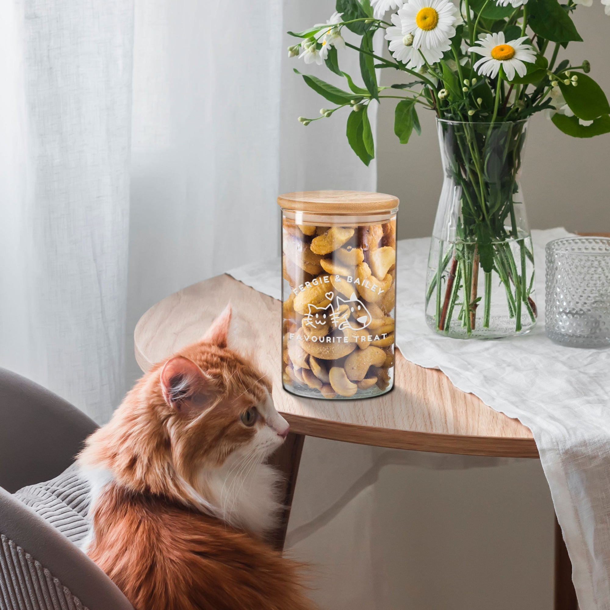 Personalised Wooden Lid Glass Pet Jar, Custom Etch Print Treat, Cat's Food Snack Canister, Jerky, Mussel Dog Chew Storage, Housewarming Gift