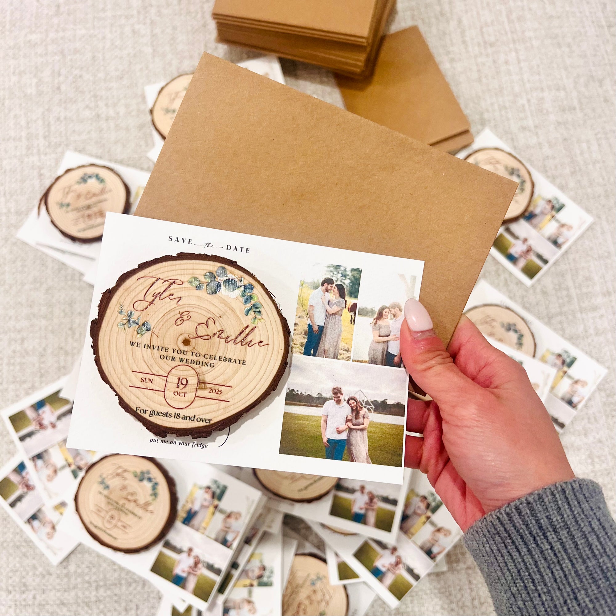 Personalised UV Print Wood Slice Save The Date Fridge Magnet & Invitation Card, Kraft Envelope, Customised Rustic Wreath Wedding Stationery