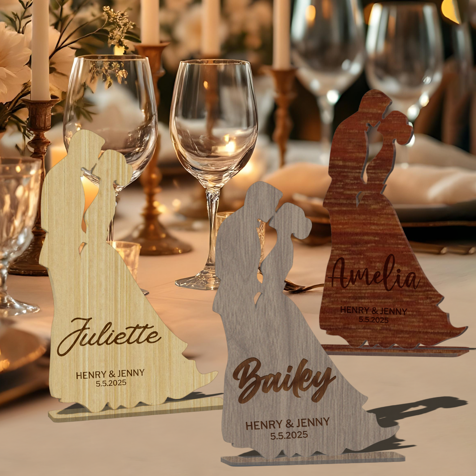 Personalised Mirror Acrylic/ Wooden Wedding Couple Silhouette Place Settings, Custom Etched Table Card Party Favour Thank you Gift Tag Decor