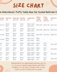 Size chart for a custom embroidered fluffy teddy bear ear hooded bathrobe for kids with measurements in centimeters and inches.