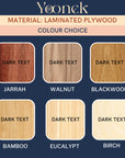 Yoonek laminated plywood color choice chart with various wood textures and names.