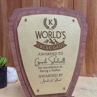 Personalised Number One Daddy Wooden Trophy Award, Engraved World Greatest Grandpa Shield, Custom Logo Keepsake Gifts Best Dad, Father Crest