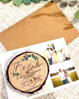Personalised UV Print Wood Slice Save The Date Fridge Magnet & Invitation Card, Kraft Envelope, Customised Rustic Wreath Wedding Stationery