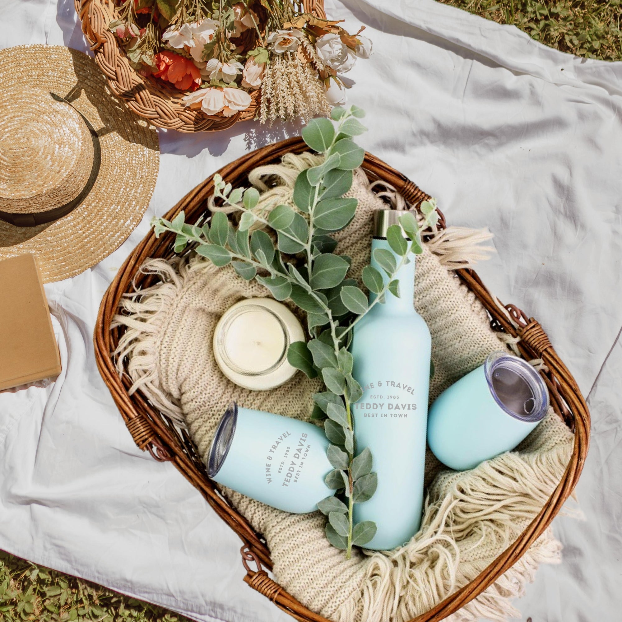 Personalised Engraved Stainless Steel Double Wall Insulated Travellers Set of 3, Thermal Wine Bottle & 2 Tumblers Custom Logo Corporate Gift