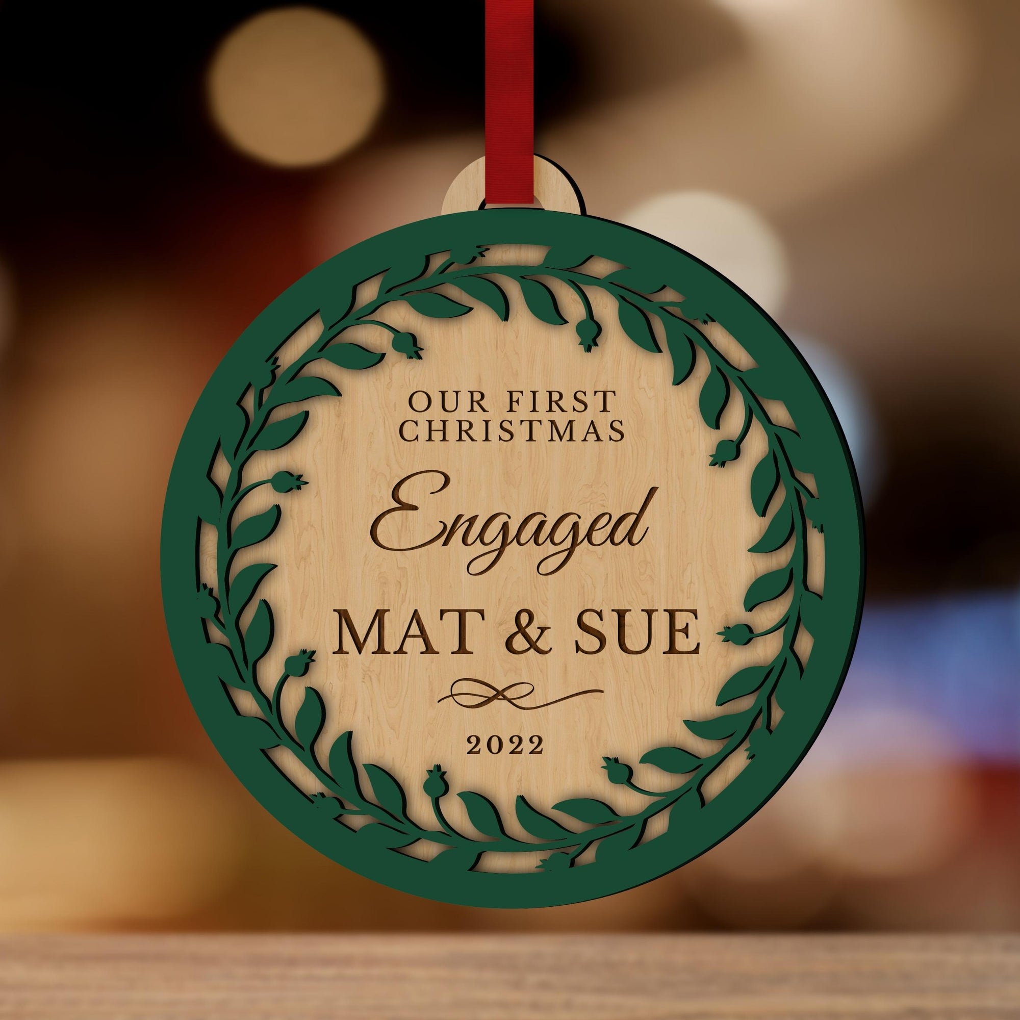 Personalised Double Layer Wreath Wooden Baubles, Engraved Custom Name Mr & Mrs Our First Christmas Married/ Engaged Hanging Tree Xmas New Year Ornament, Decoration Housewarming Gift Tags