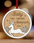 Personalised Double Layer Snowy Reindeer Wooden Baubles, Engraved Custom Name First Christmas Married/ Engaged/ Baby/ Santa Please Stop Here Hanging Tree Xmas, New Year Ornament, Decoration Gift Tags