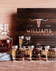 Engraved Wooden Boxed Curve Whiskey Decanter Set with 4 Scotch Glasses, Personalised Custom Monogram Premium Rustic Vintage Whisky Birthday, Groomsmen, Bar Gift for Dad/ Him