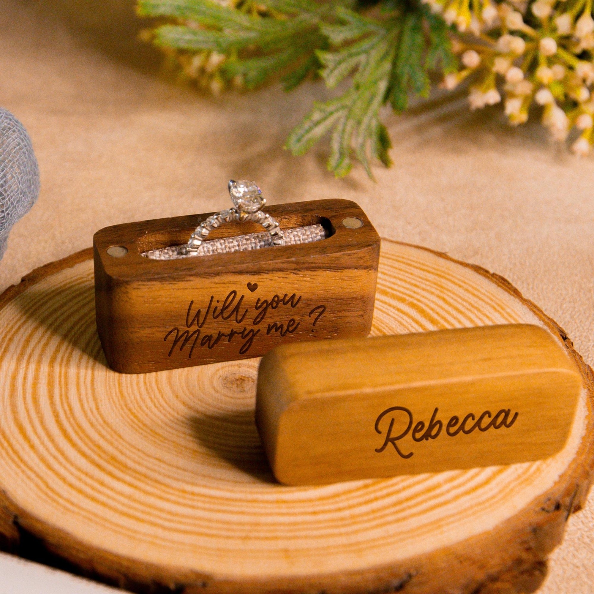 Personalised Wooden Engagement Proposal Ring Bearer Box, Custom Engraved Wedding Single Slot Solid Walnut Rectangle Ring Holder Storage, Anniversary Gift