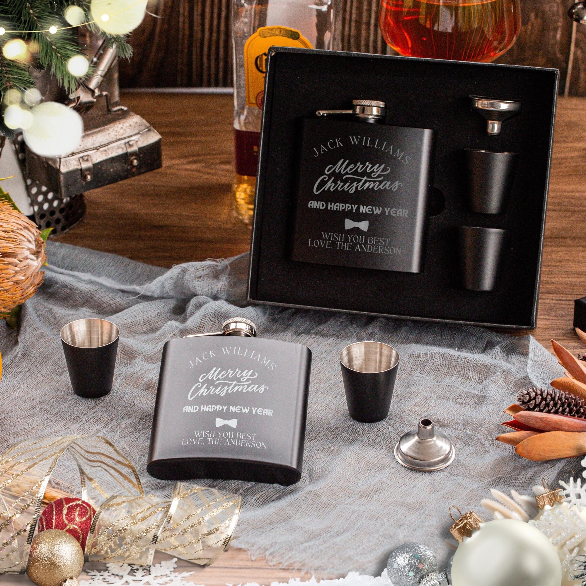 Christmas Personalised 170ml Hip Flask, Funnel & Shot Glasses - FREE Gift Boxed