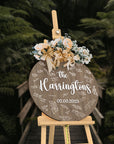 Custom Round Circle 3D Raised Name Timber Wedding Alternative Guest Book Welcome Sign, Personalised Rustic/ Vintage/ Boho, Country Hippie style Wooden Names, Ceremony/ Event/ Engagement/ Bridal Shower/ Birthday Signage on Easel