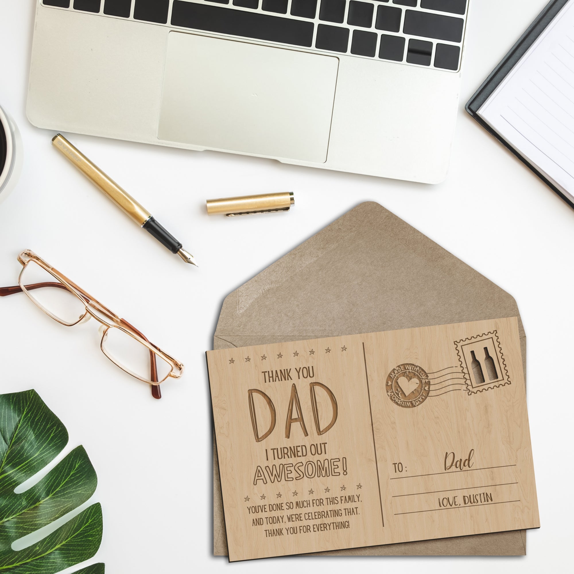 Personalised Wooden Father's Day Postcard, Engraved Timber Celebrate Message & Name Display Stand, Keepsake Gift Card for Dad, Grandpa, Him