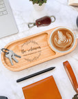 Personalised Ash Wood Round Catchall Tray & Drink Holder, Jewellery/ Tech/ Office Valet, Custom Engraved Timber Organiser, Desk Accessories