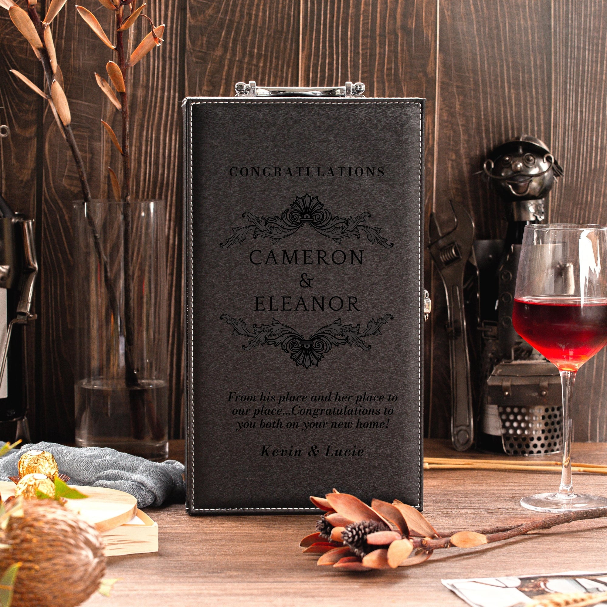 Personalised Premium Leather Twin Wine Box & Accessories, Engraved Custom Housewarming/ Birthday/ Teacher Champagne Present Box, Wedding Bridesmaid/ Groomsman, Thank You God Parents Favour, Mother's, Father's Day