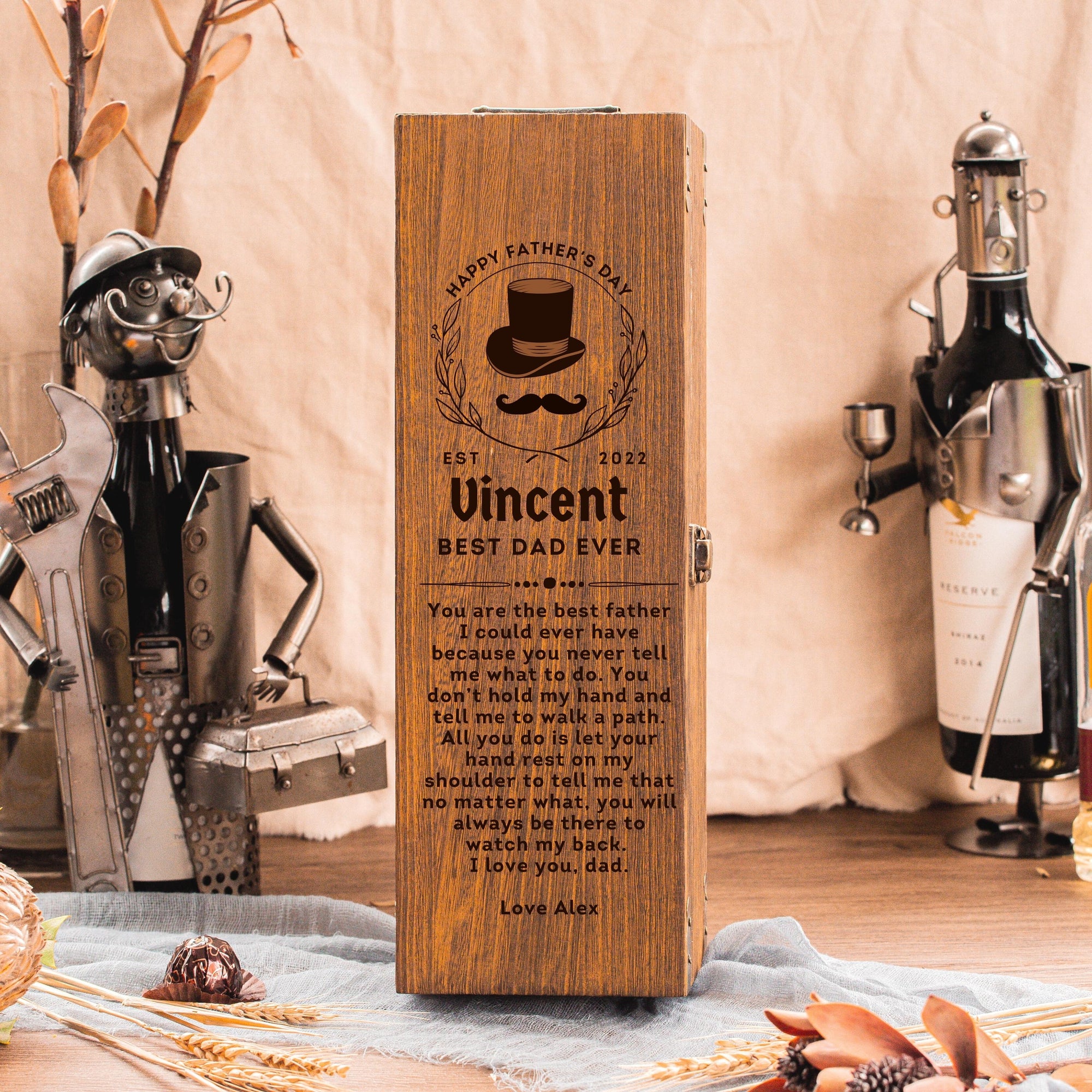 Personalised Vintage Antique Wooden Wine Box, Engraved Custom Housewarming/ Birthday Champagne Gift Box, Wedding Bridesmaid/ Groomsman, Thank You God Parents Favour, Mother's, Father's Day