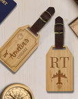 Personalised Wooden Luggage Tag, Custom Wood Travel/ Adventure Bag Strap, Logo Engraved Leather Tags, Gift For Traveller, Her & Him, Dad/ Corporate, Wedding Favours