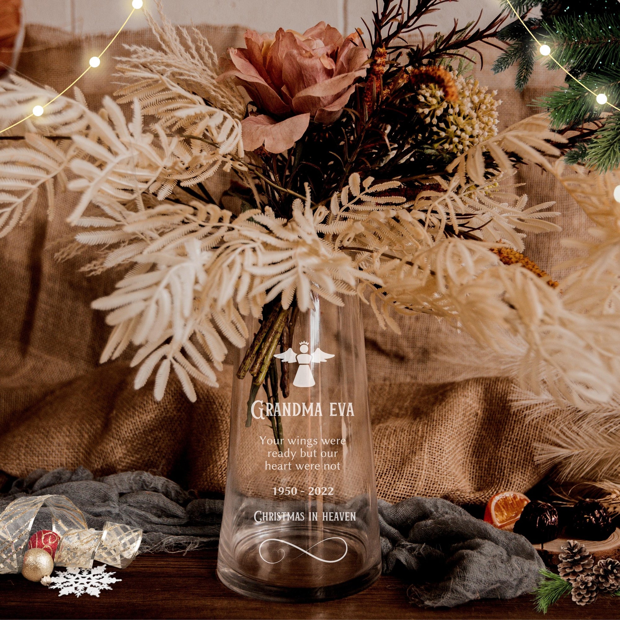 Christmas Engraved Tapered Glass Vase - 12D x22cmH