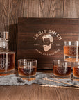 Engraved Wooden Boxed Round Whiskey Decanter Set with 4 Scotch Glasses, Personalised Custom Monogram Premium Rustic Vintage Whisky Birthday, Groomsmen, Bar Gift for Dad/ Him