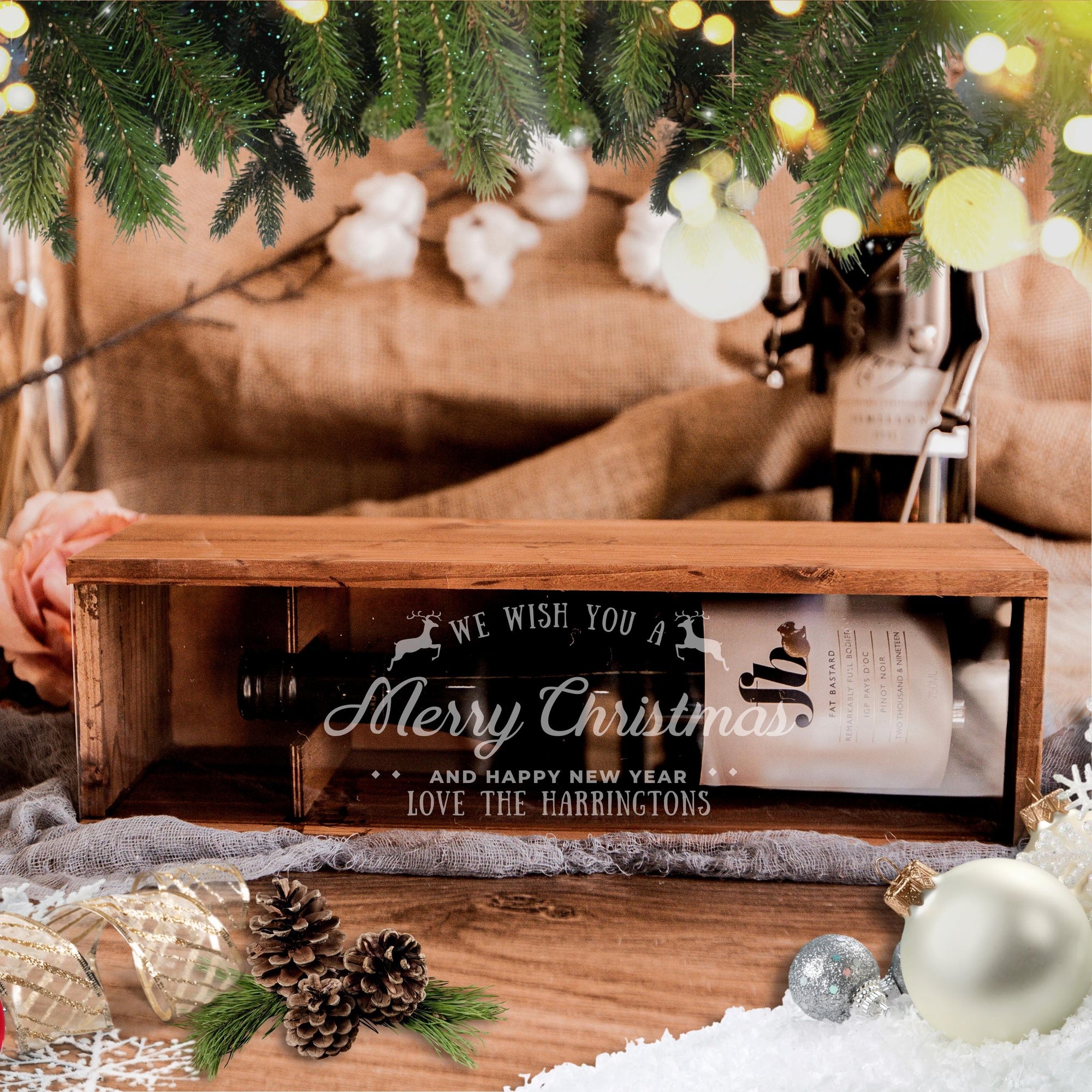 Christmas Personalised Clear Acrylic Lid Rustic Vintage Wooden Wine Box, Engraved Custom Xmas New Year Housewarming, Teacher, Corporate Gift