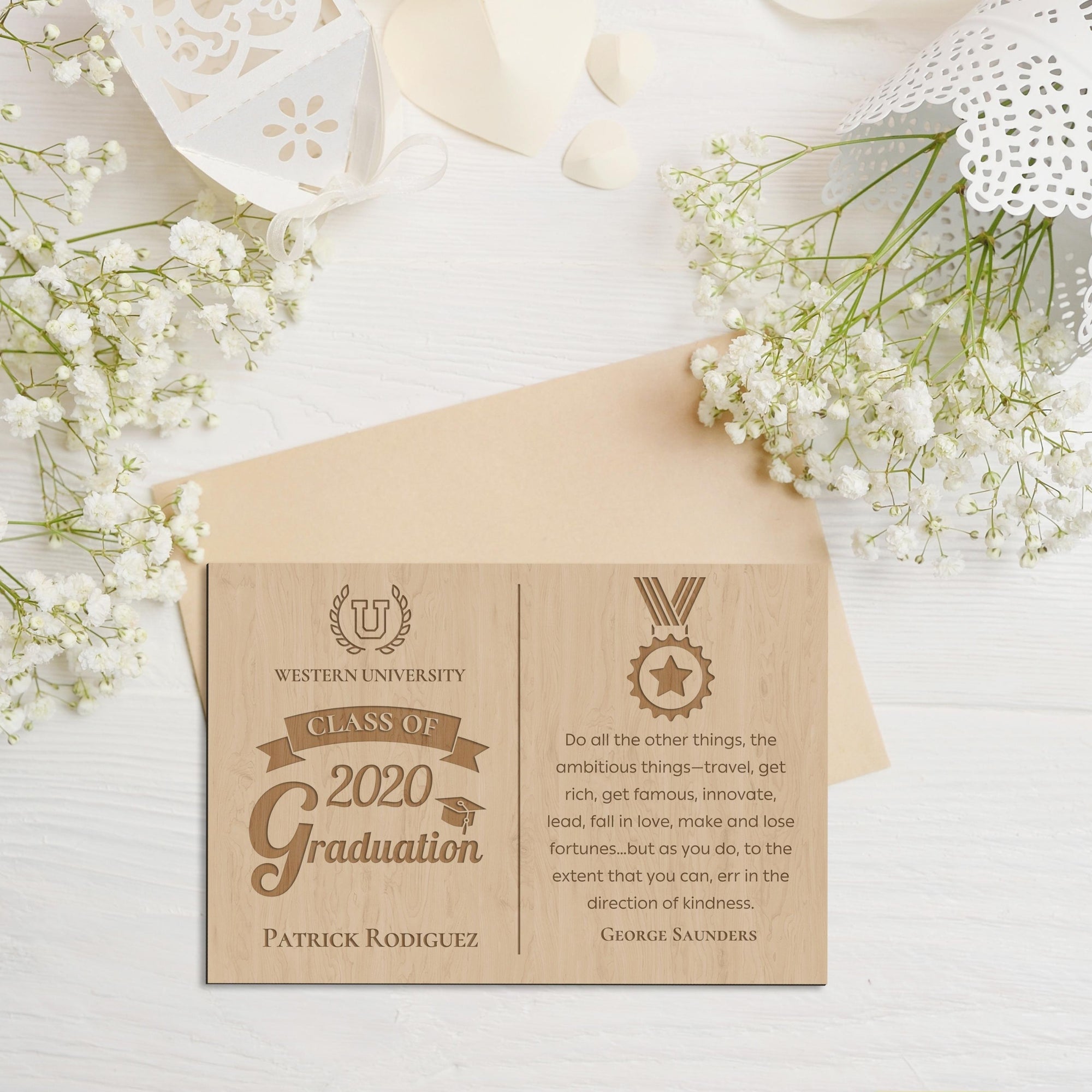 Personalised Wooden Graduation's Day School Postcard, Custom Engraved Timber Message & Name Congratulations Post Card with Display Stand, Wood Carved Keepsake Gift Card