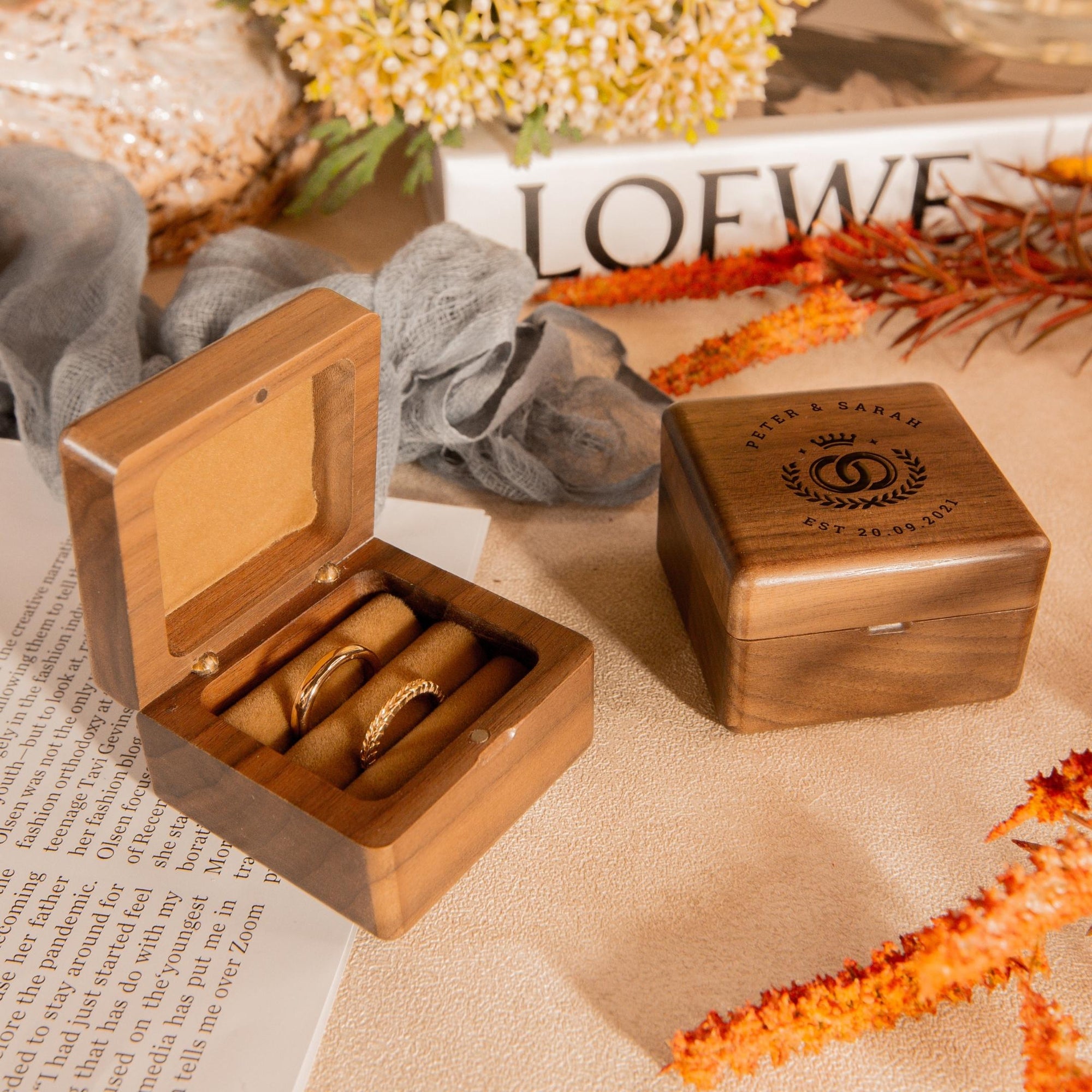 Personalised Wooden Engagement Proposal Ring Bearer Box, Custom Engraved Wedding Double Slot Solid Walnut Double Slot Square Ring Holder Storage, Rustic Vintage Anniversary Gift