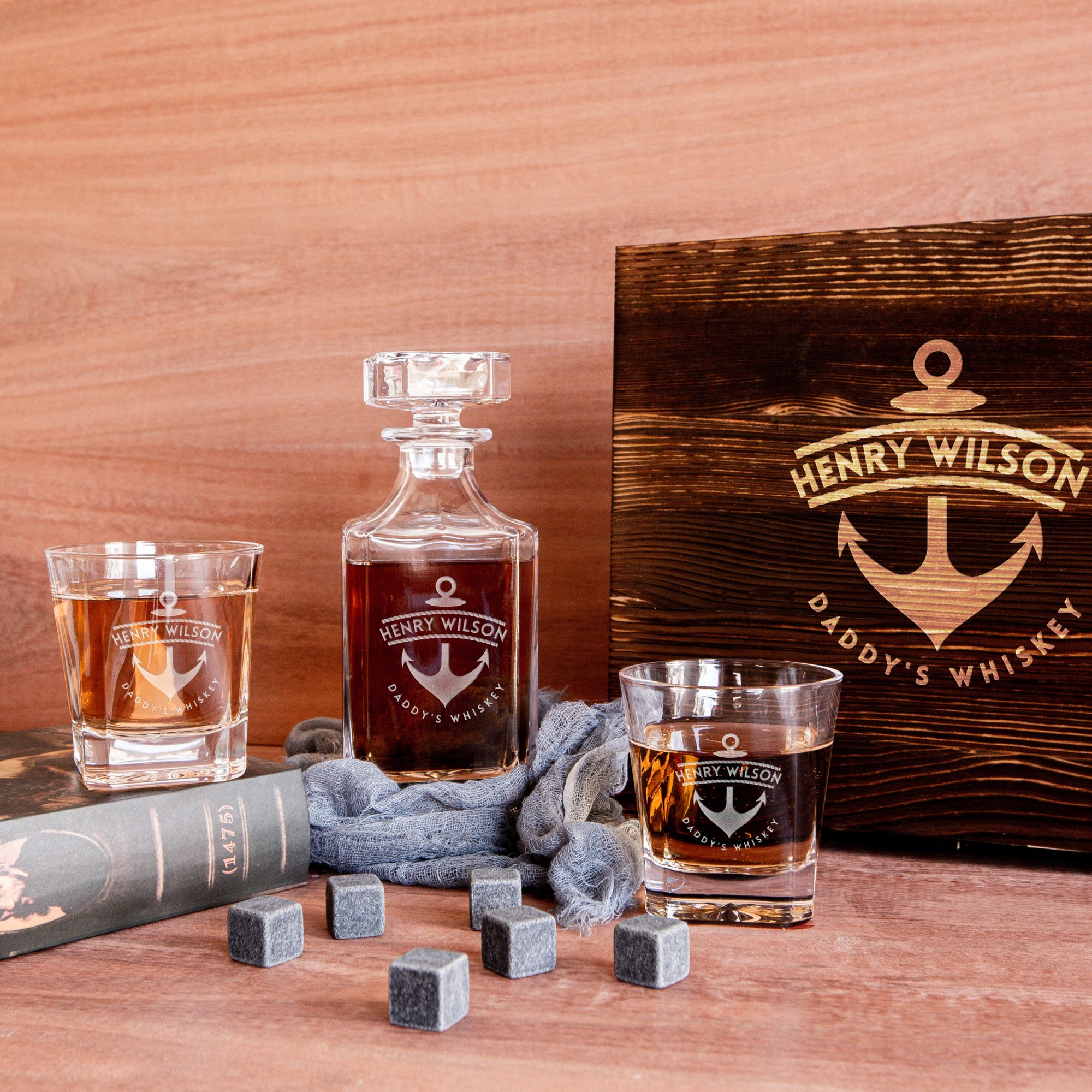 Engraved Whiskey Wooden Box - Square Decanter, 2 Scotch Glasses & 6 Ice Stones, Personalised Barware Set Groomsman Retirement Christmas Gift