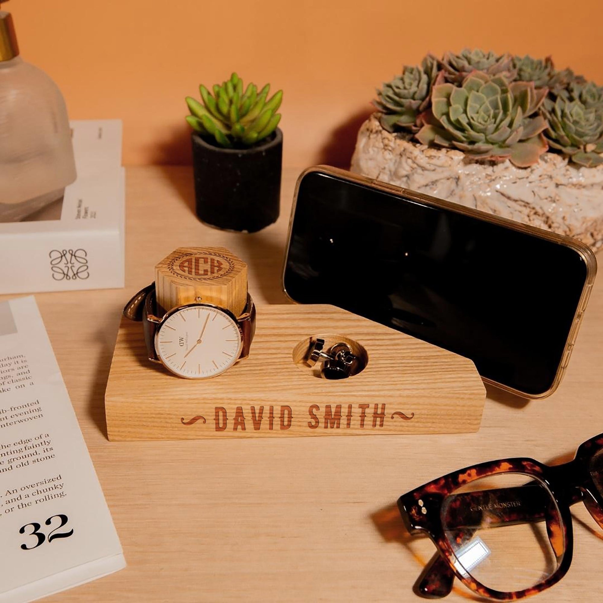 Personalised Wooden Watch, Phone Stand, Accessories Display Holder, Custom Engraved Timber Desk Organiser, Corporate Xmas/ Father Mom Gift