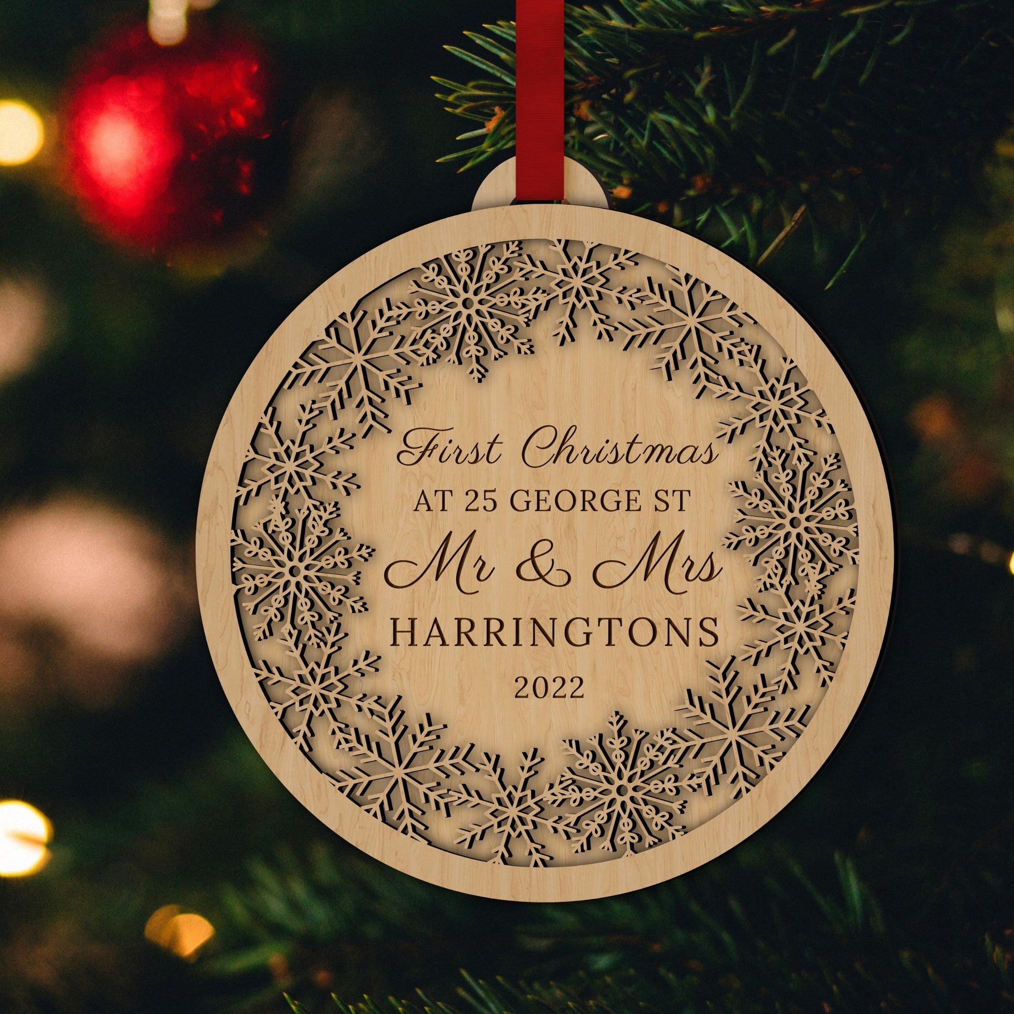 Personalised Double Layer Snowy Wooden Baubles, Engraved Custom Name Mr & Mrs First Christmas at New House/ Married/ Engaged Hanging Tree Xmas, New Year Ornament, Decor Housewarming Gift Tags