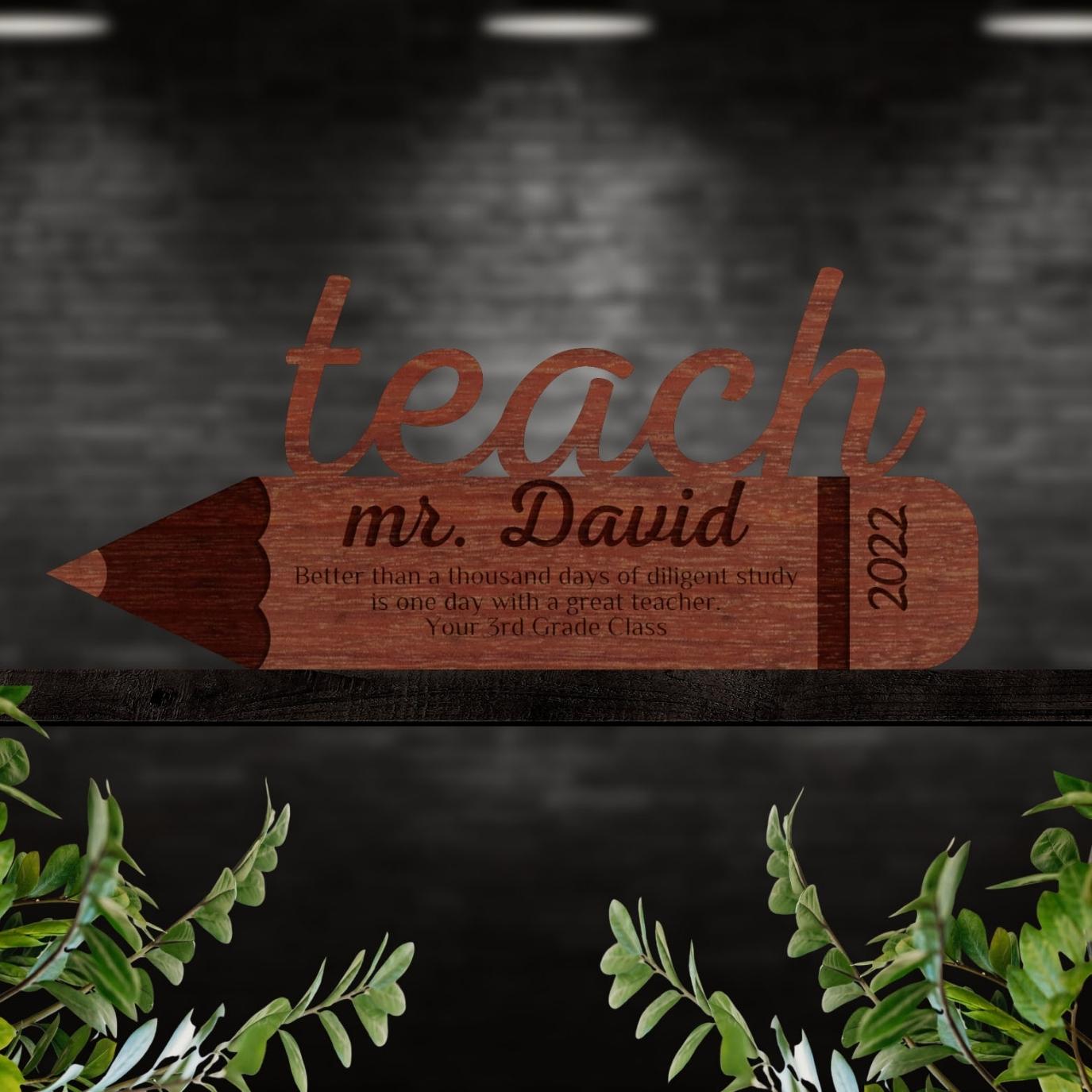 Personalised Number One Teacher Pencil Sign, Trophy Wooden Keepsake, Customised Gifts for