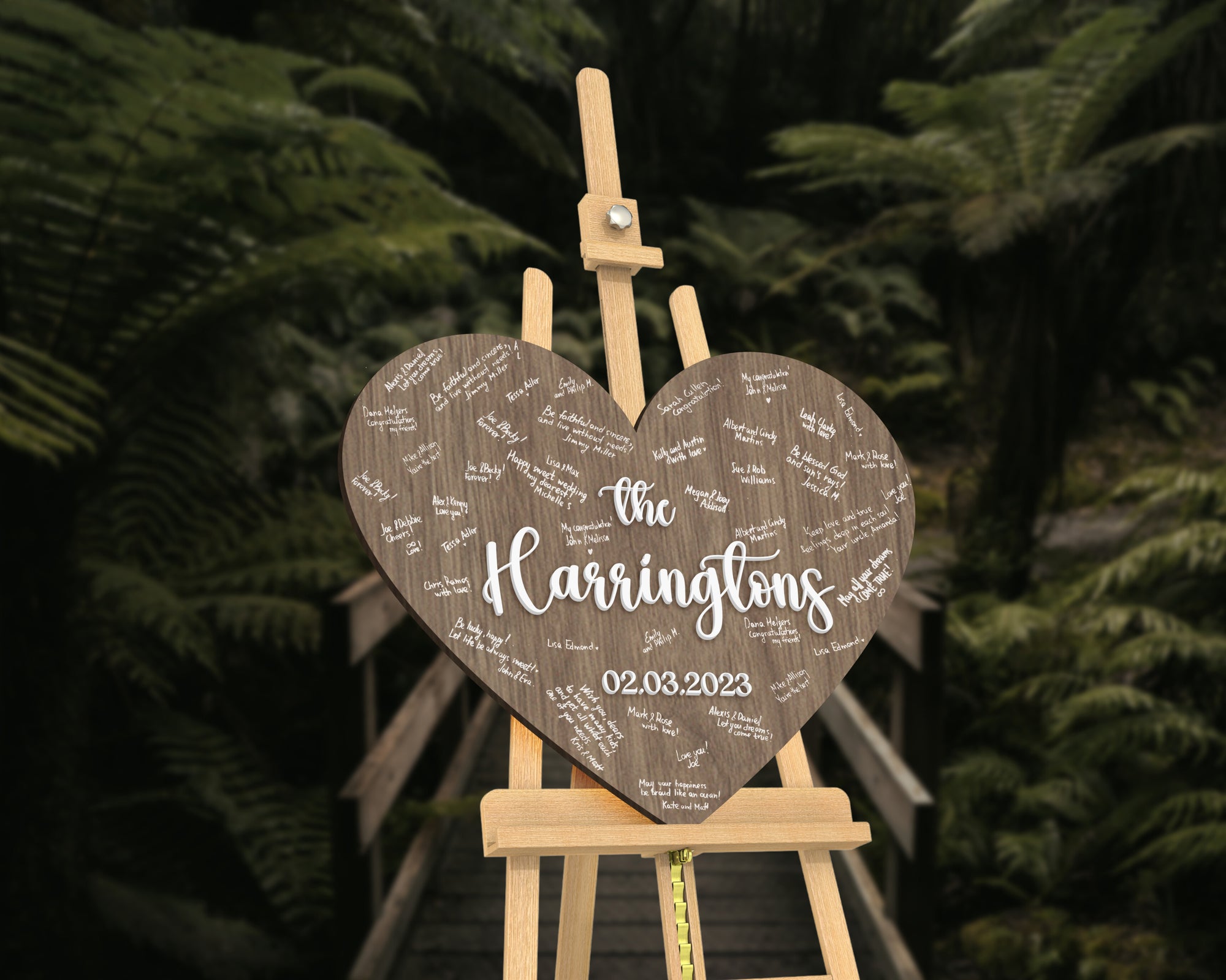 Custom Heart Love 3D Raised Name Timber Wedding Alternative Guest Book Welcome Sign, Personalised Rustic/ Vintage/  Boho, Country Hippie style Wooden Names, Ceremony/ Event/ Engagement/ Bridal Shower/ Birthday Signage on Easel