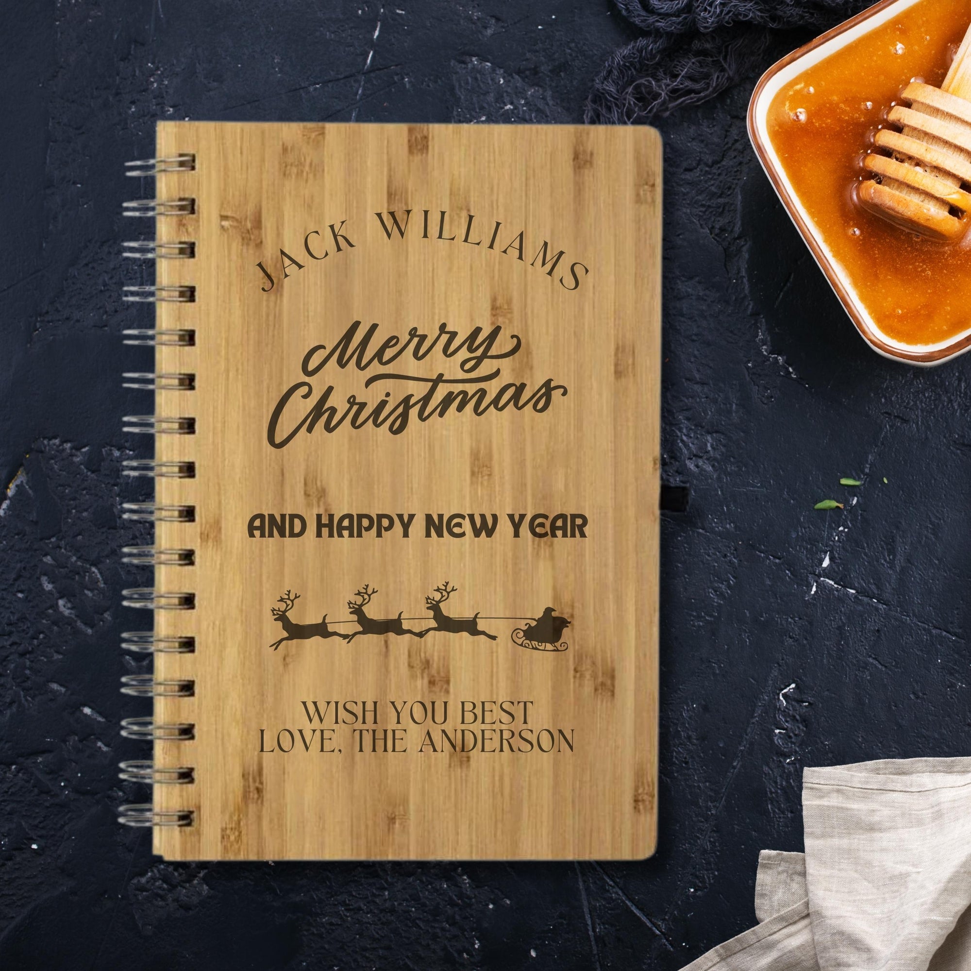 Christmas Personalised Engraved Bamboo Notebook, Customised Recipe Book, Travel Journal, Birthday/ Xmas New Year Gift, Logo Corporate Stationary Present