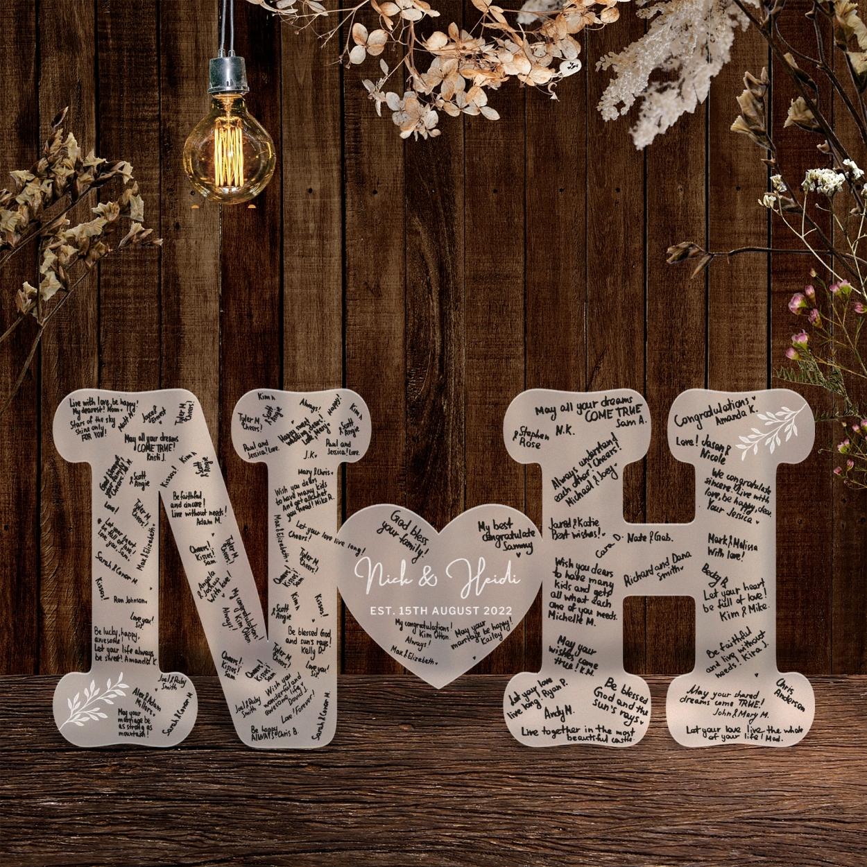 Custom Engraved Clear/ Frosted Acrylic Letter, Guest Book Alternative, Personalised Acrylic Initials Heart Couple, Rustic/ Vintage/ Modern/ Classic Wedding Decor, Engagement/ Birthday Signage on Easel,  Laser Cut GuestBook