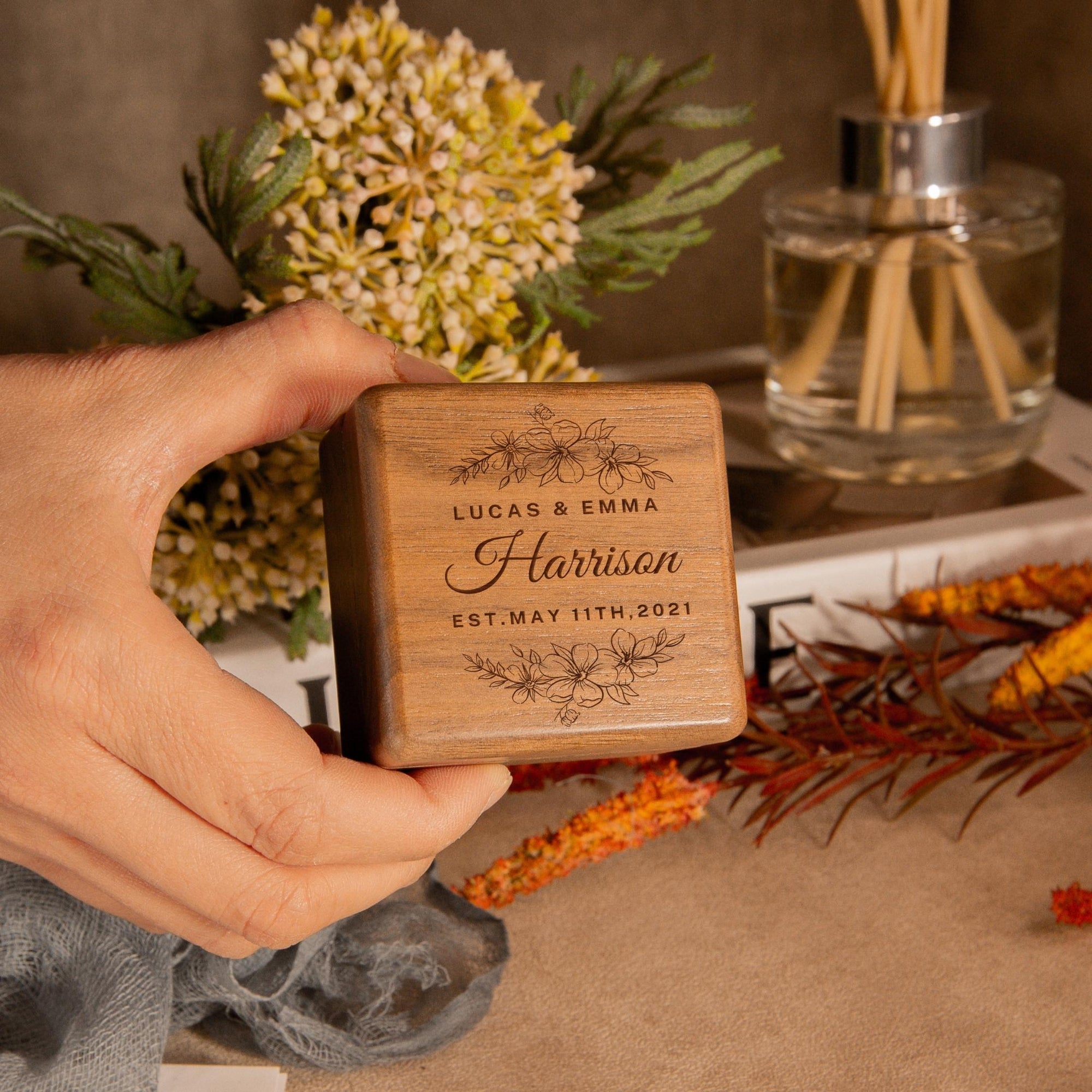 Personalised Wooden Engagement Proposal Ring Bearer Box, Custom Engraved Wedding Double Slot Solid Walnut Double Slot Square Ring Holder Storage, Rustic Vintage Anniversary Gift