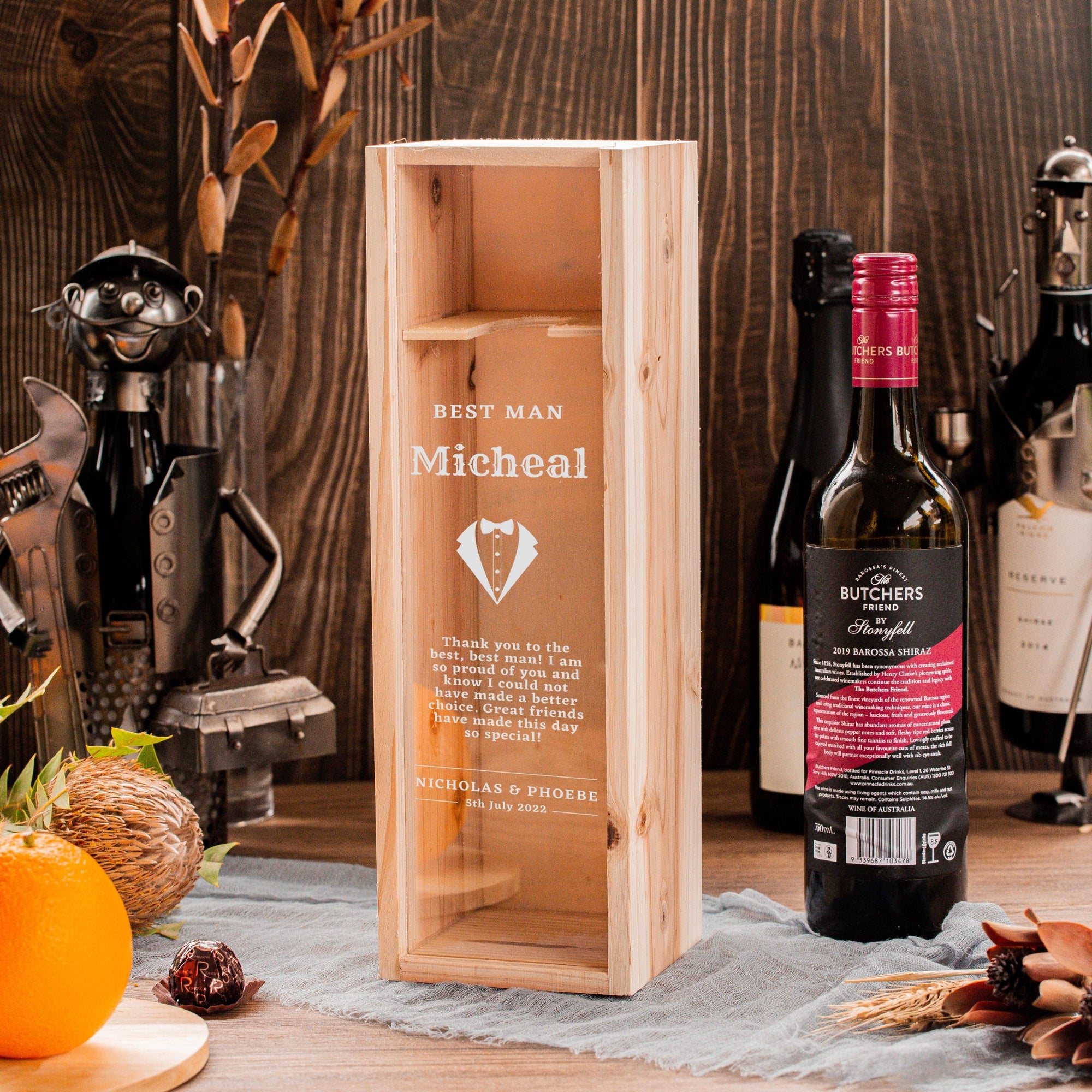 Personalised Clear Acrylic Lid & Wooden Wine Box Gift, Engraved Custom Housewarming/ Birthday, Mom-Dad, Teacher, Godparents, Wedding Favour