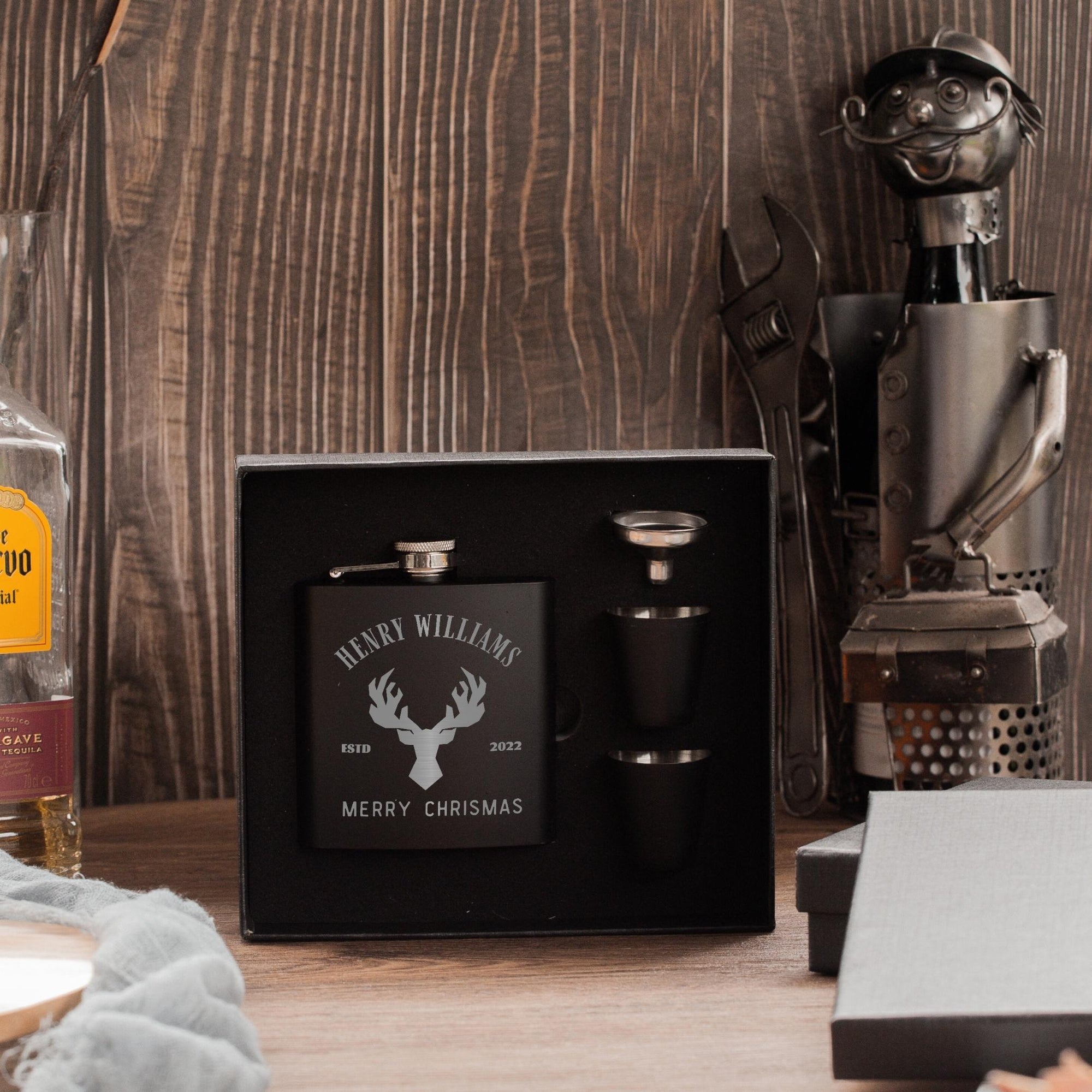 Christmas Personalised 170ml Hip Flask, Funnel & Shot Glasses - FREE Gift Boxed