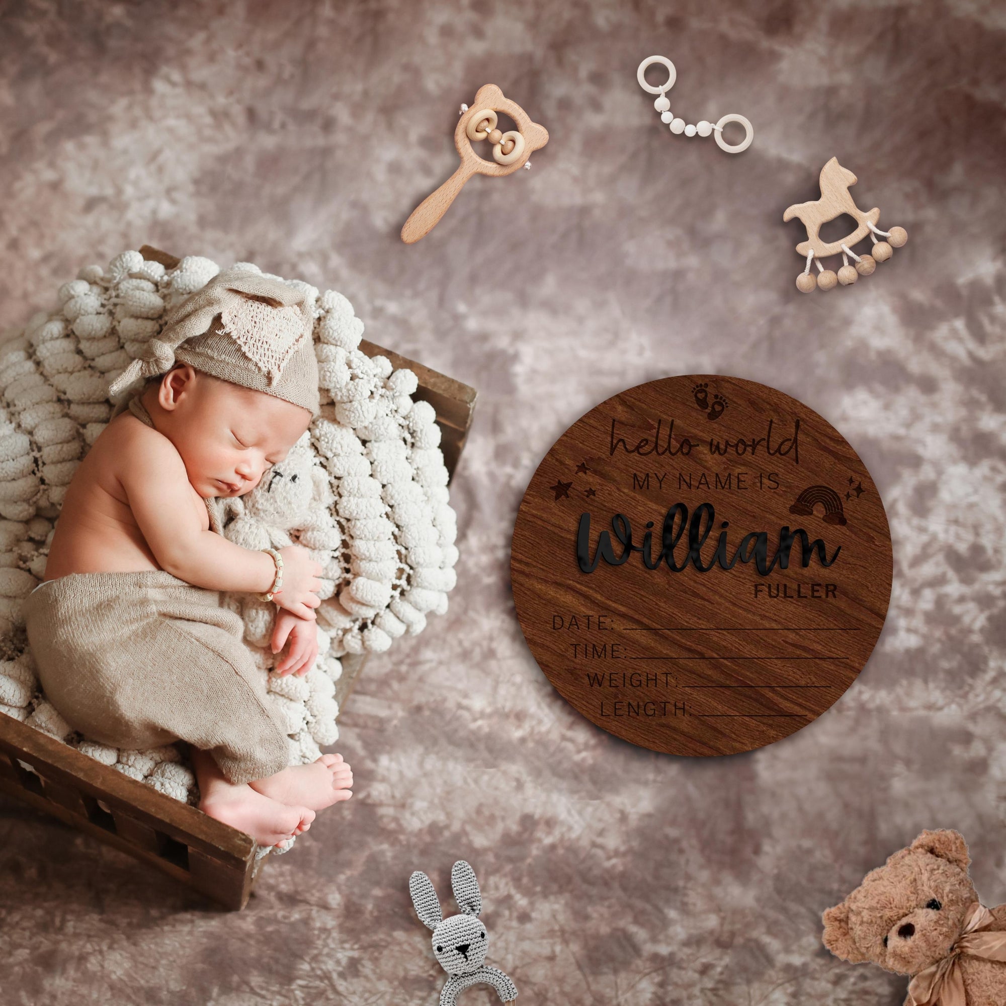 Personalised Wooden Birth Detail Announcement Plaque, 3D Double Layer Nursery Decoration, Hello World New Baby Name Arrival Sign, Newborn Gift