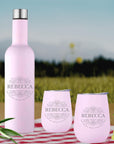 Personalised Engraved Stainless Steel Double Wall Insulated Travellers Set of 3, Thermal Wine Bottle & 2 Tumblers Custom Logo Corporate Gift