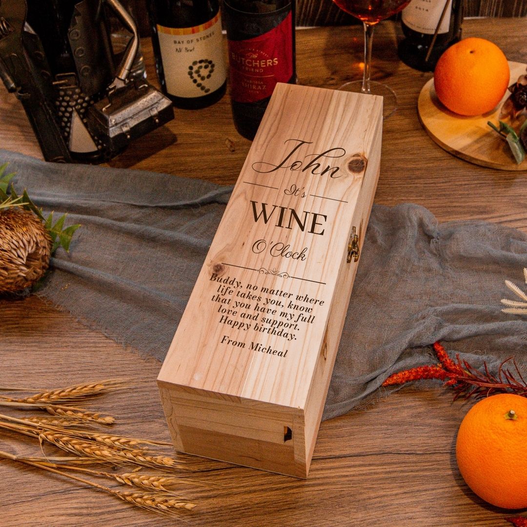 Personalised Rustic Pine Wooded Wine Box Gift, Engraved Custom Housewarming/ Birthday Champagne Present Box, Wedding Bridesmaid/ Groomsman, Thank You God Parents Favour, Mother's, Father's Day