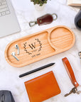 Personalised Round Wooden Jewellery/ Tech/ Office/ Serving/Catchall Tray with Drink Holder, Custom Engraved Timber Wood Valet Organiser Decor Gift