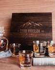 Engraved Wooden Boxed Curve Whiskey Decanter Set with 4 Scotch Glasses, Personalised Custom Monogram Premium Rustic Vintage Whisky Birthday, Groomsmen, Bar Gift for Dad/ Him