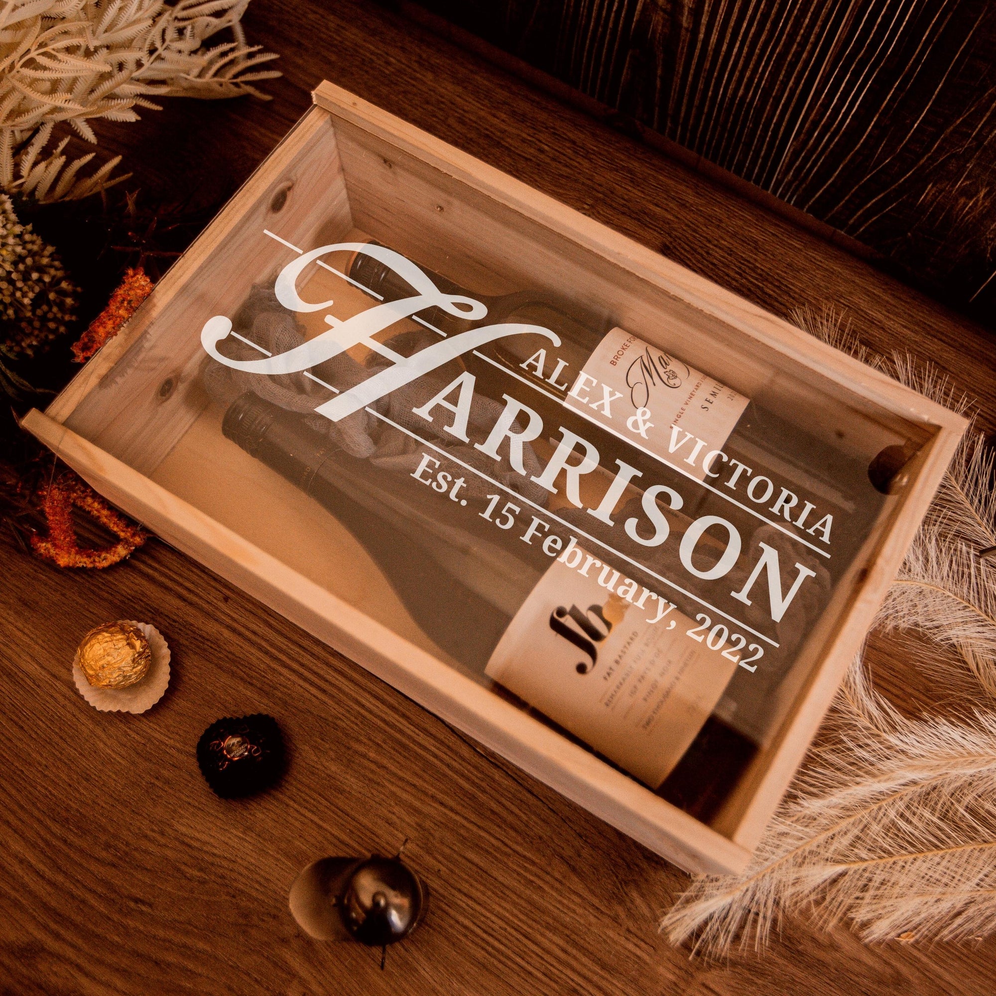 Personalised Clear Acrylic Lid & Wooden Twin Double Wine Box Gift, Engraved Custom Housewarming/ Birthday, Mom-Dad, Teacher, Godparents, Wedding Favour