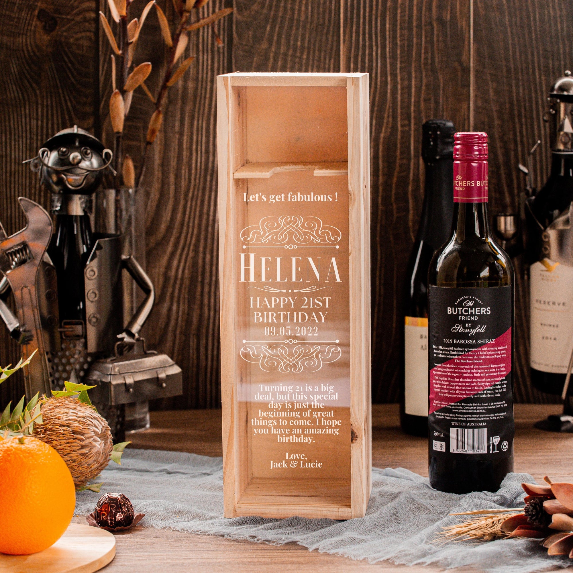 Personalised Clear Acrylic Lid & Wooden Wine Box Gift, Engraved Custom Housewarming/ Birthday, Mom-Dad, Teacher, Godparents, Wedding Favour