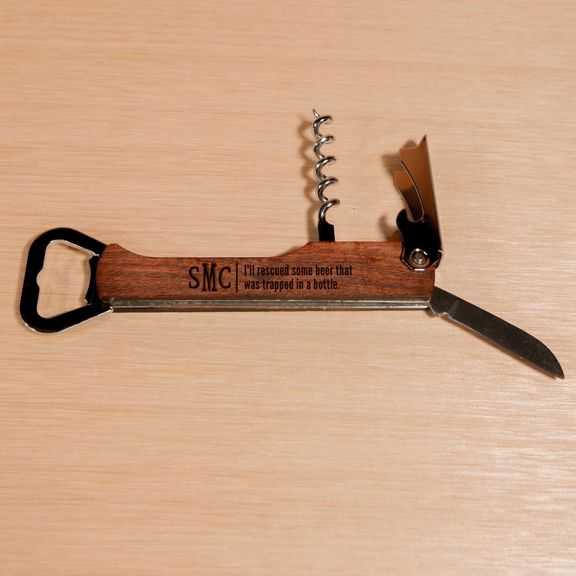 Personalised Engraved Wooden Handle Beer Bottle Opener & Wine Corkscrew, Custom Logo Knife/Foil Cutter, Corporate Gift, Wedding Favour, Groomsmen/ Father's Day Gift for Him, Christmas/ Teacher Present